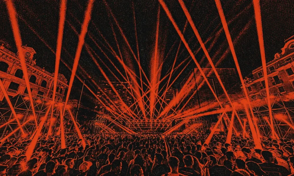 Time Warp Brasil com multidão em festival de techno e iluminação intensa, com estética gritty inspirada em pôster underground