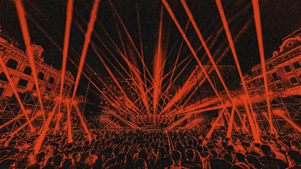 Time Warp Brasil com multidão em festival de techno e iluminação intensa, com estética gritty inspirada em pôster underground