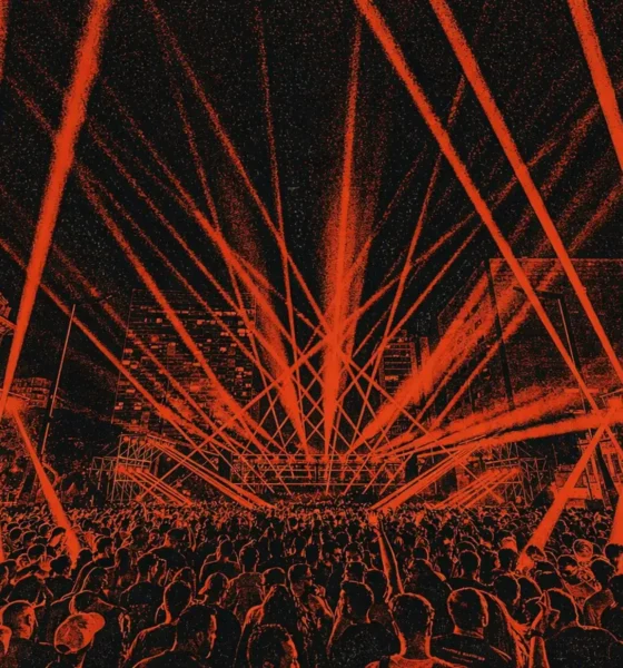 Time Warp Brasil com multidão em festival de techno e iluminação intensa, com estética gritty inspirada em pôster underground