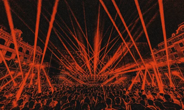 Time Warp Brasil com multidão em festival de techno e iluminação intensa, com estética gritty inspirada em pôster underground