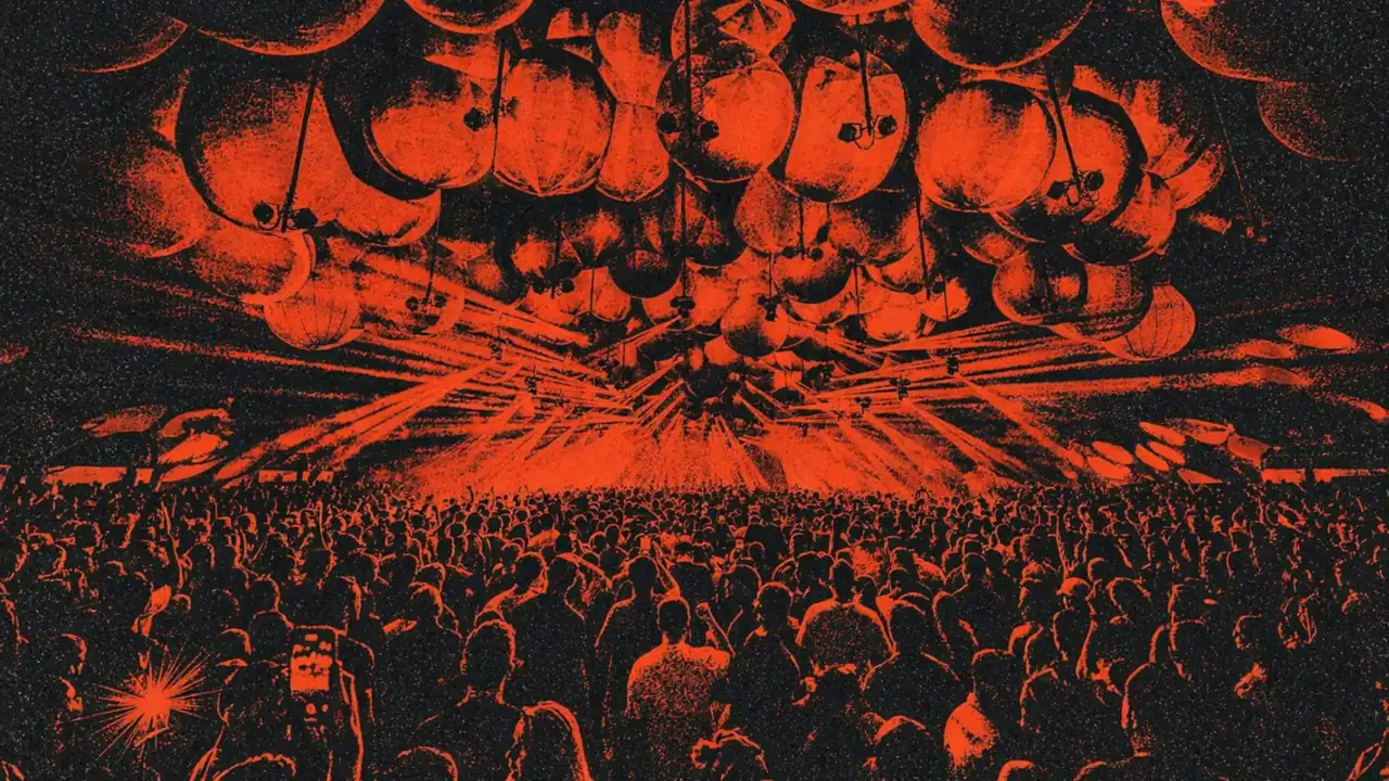 Time Warp Brasil com multidão na pista de techno, iluminação intensa e atmosfera imersiva em festival de música eletrônica